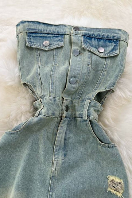 Summer Retro Tube Midriff Outfit Ladies Jumpsuit Casual High Waist Slimming Bodysuits Jeans Jumpsuit for Women
