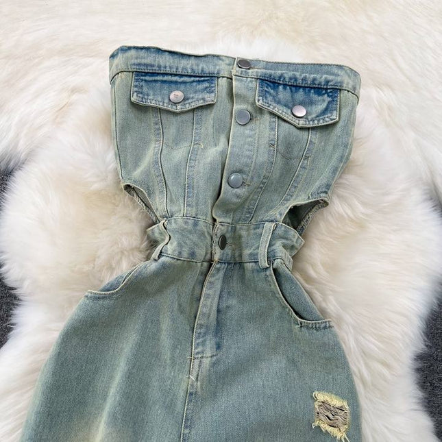 Summer Retro Tube Midriff Outfit Ladies Jumpsuit Casual High Waist Slimming Bodysuits Jeans Jumpsuit for Women