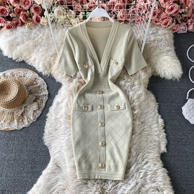 Wholesale V Neck Short Sleeved Knit Jersey Bodycon Dress Women Slim Casual Summer Dresses Vestido