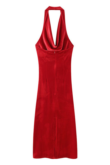 Back Hollow Out Red Color Sleeveless Zipper Fly Casual Fashion Maxi Halter Dress for Women