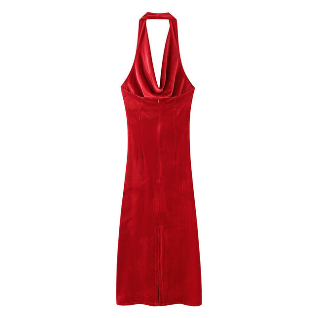 Back Hollow Out Red Color Sleeveless Zipper Fly Casual Fashion Maxi Halter Dress for Women