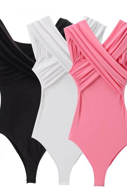 3 Colorway Solid Color v Neck Sleeveless Pleated Casual Fashion Women's One Piece Jumpsuit