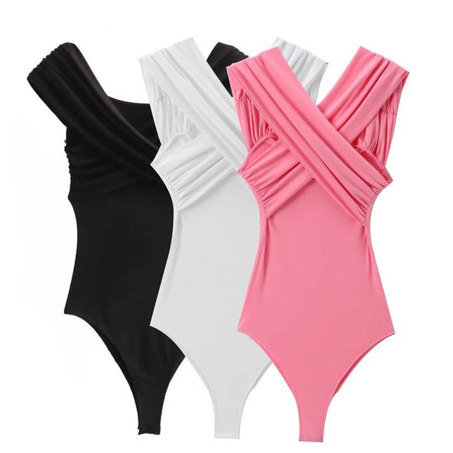3 Colorway Solid Color v Neck Sleeveless Pleated Casual Fashion Women's One Piece Jumpsuit