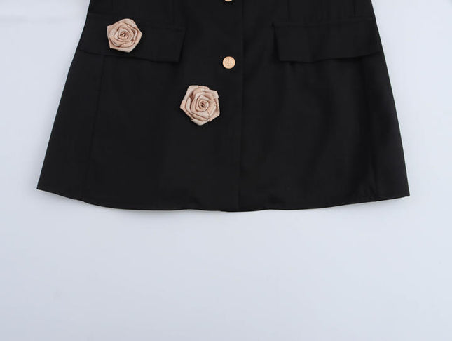 Notched Collar Black Color Front Flower Hot Sale Casual Fashion blazer Dress for Women