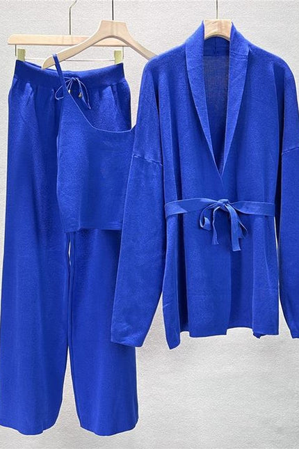 Loose Casual Fashion Suit Women'S Fall and Winter Knitted Cardigan Jacket Suspenders Wide Leg Pants Three-Piece Set