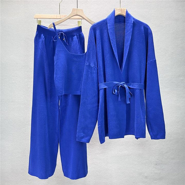 Loose Casual Fashion Suit Women'S Fall and Winter Knitted Cardigan Jacket Suspenders Wide Leg Pants Three-Piece Set