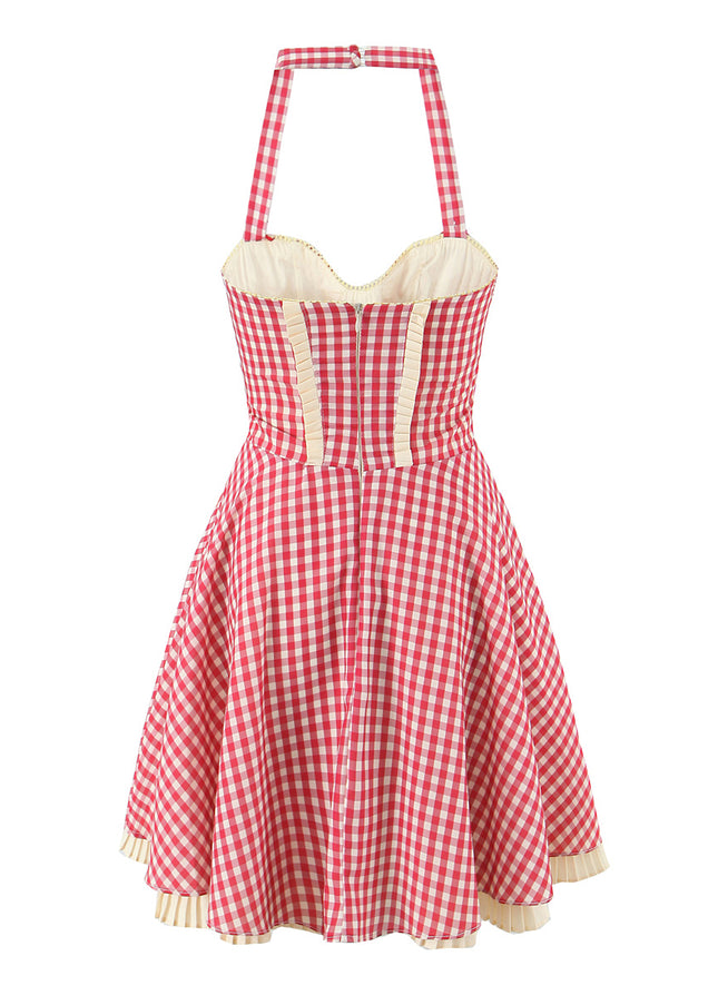 Plaid Print Red Color Back Hollow Out Buttons up Casual Fashion Mini Cotton Halter Dress for Women