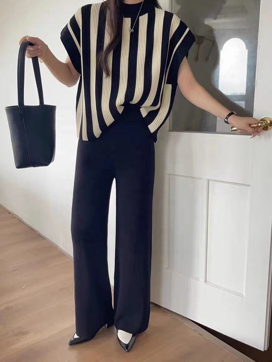 Knitted Fashion Set Women's Top Casual Wide Leg Pants Two Piece Set