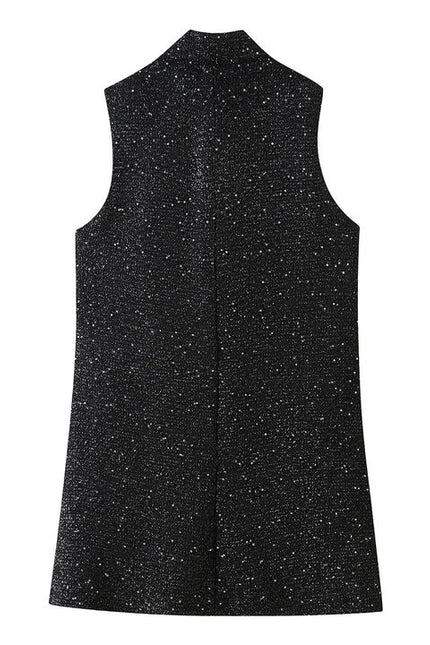 Stand Collar Black Color Sequin Buttons up Sleeveless Casual Fashion Mini Dress for Ladies