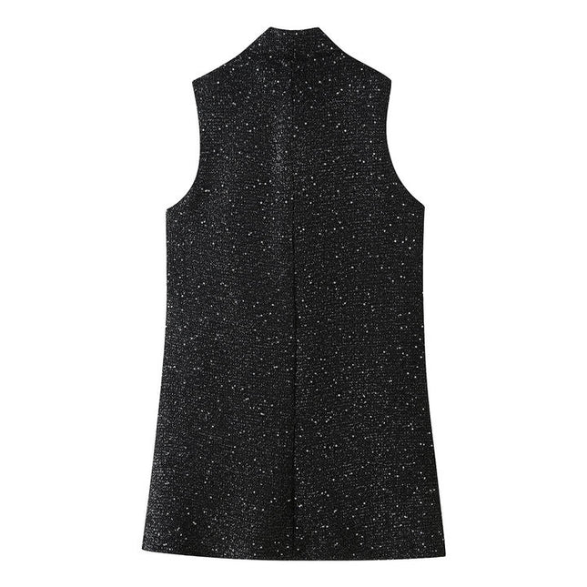 Stand Collar Black Color Sequin Buttons up Sleeveless Casual Fashion Mini Dress for Ladies