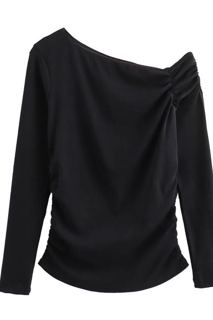 3 Colorway Asymmetrical Collar Solid Color Long Sleeve Pleated Casual Fashion Women t Shirt