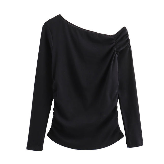 3 Colorway Asymmetrical Collar Solid Color Long Sleeve Pleated Casual Fashion Women t Shirt
