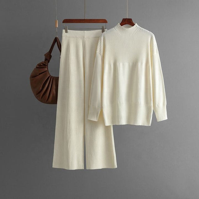 High-grade Casual Two-piece Knit Fashion Set Women's Autumn Winter Long Sleeve Sweater + High Waist Slimming Slacks