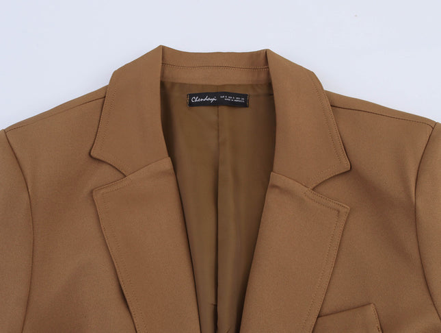 Brown Color Long Sleeve Notched Collar Sashes Casual Fashion blazer Jacket for Women