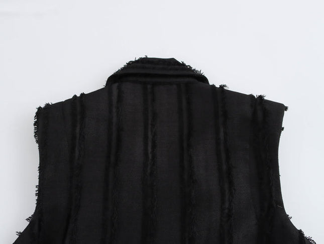 Notched collar black color double breasted sashes sleeveless casual fashion maxi dress for women
