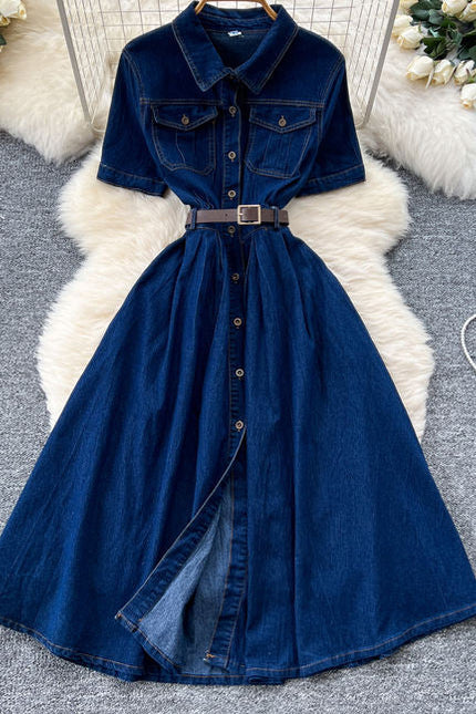 French Vintage Short Sleeve Single Breasted Denim Dresses