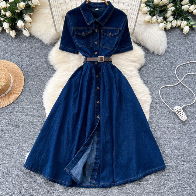 French Vintage Short Sleeve Single Breasted Denim Dresses