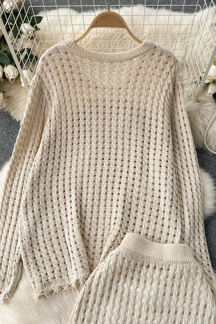 Lazy Style Knitted Suit with Women's Design Sense Hollowed Out Top Versatile Half Skirt Two-piece Set Trendy
