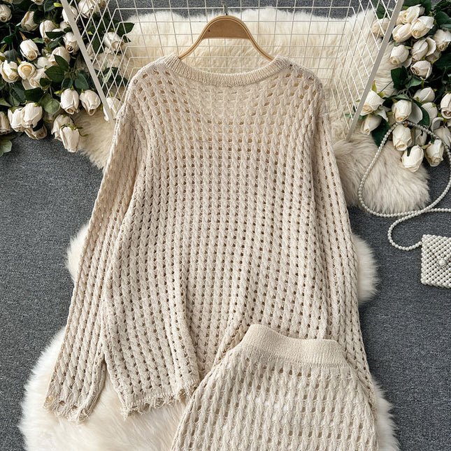 Lazy Style Knitted Suit with Women's Design Sense Hollowed Out Top Versatile Half Skirt Two-piece Set Trendy