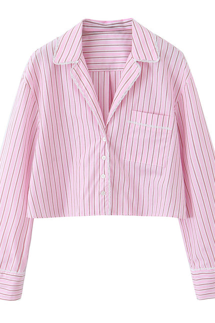 Turn Down Collar Striped Print pink Color Long Sleeve Buttons up Casual Fashion Tops Blouse for Women