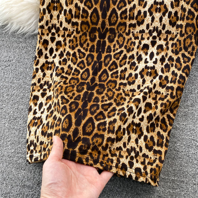 Sexy Leopard Print Standing Neck Women's Long Sleeve Tight Stretch Bodycon Long Dresses