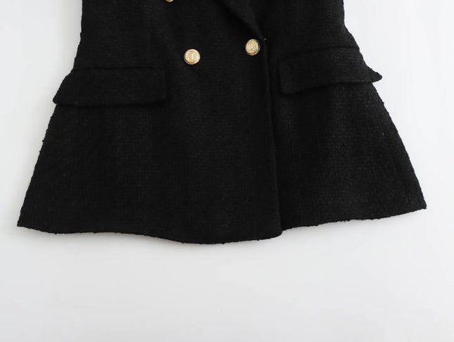 Notched Collar Double Breasted Black Color Casual Fashion Tweed blazer for Women