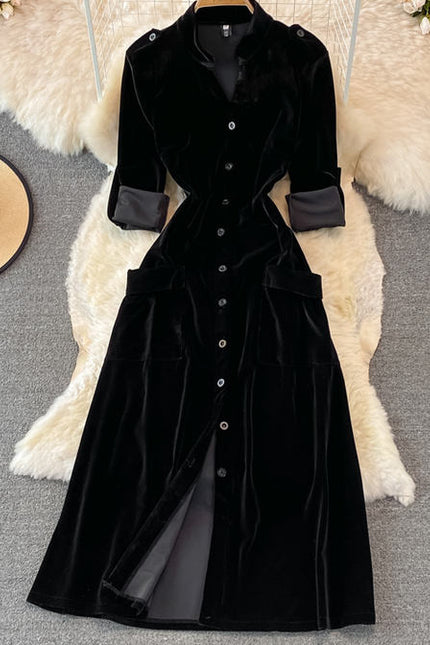 French Vintage Single-Breasted Velvet Cardigan Dress Fall and Winter Fashion Long Dresses