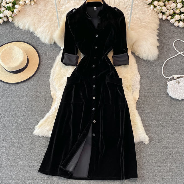 French Vintage Single-Breasted Velvet Cardigan Dress Fall and Winter Fashion Long Dresses