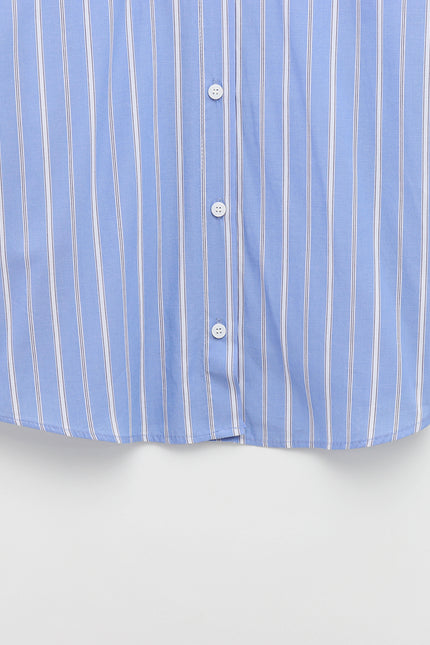 Turn Down Collar Striped Print Blue Color Long Sleeve Casual Fashion Tops Blouse for Women