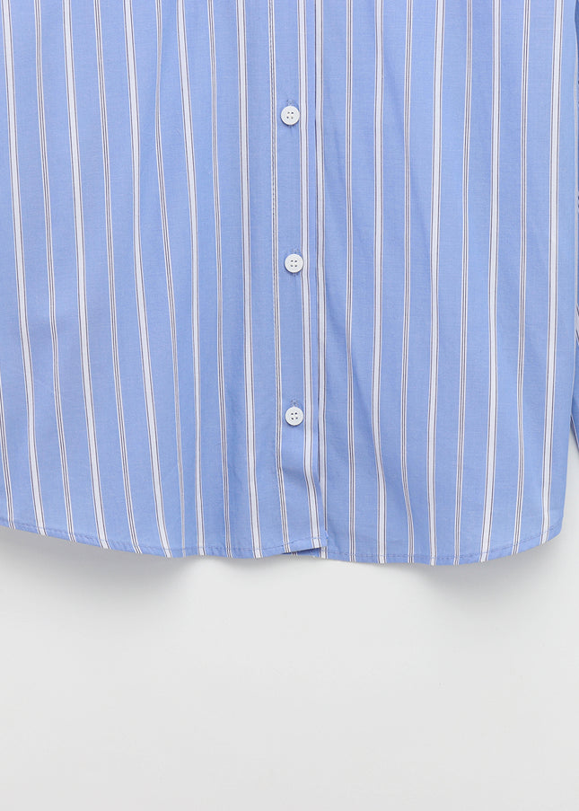 Turn Down Collar Striped Print Blue Color Long Sleeve Casual Fashion Tops Blouse for Women