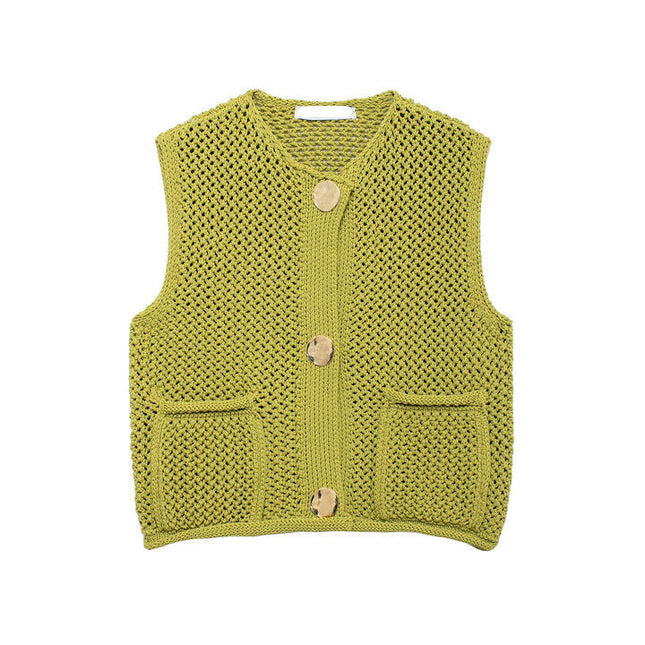 Crew Neck Green Color Single Breasted Front Pocket Knitted Casual Fashion Sweater Vest for Women