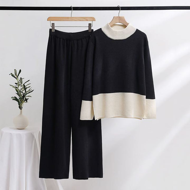 Women Autumn Wear New Korean Version of Loose Thick Fashion Knitting Wide-Leg Pants Sweater Two-Piece Set