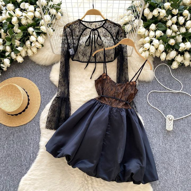 New Arrival Temperament Long Sleeve Slim Fit Sexy Lace Strap Dress for Women