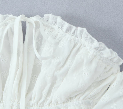 White Color Slash Neck Front Lace up Hot Sale Casual Fashion Cotton Crop Blouse Tops for Women