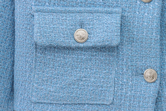 4 Colorway Crew Neck Solid Color Single Breasted Long Sleeve Casual Fashion Tweed Jacket for Women