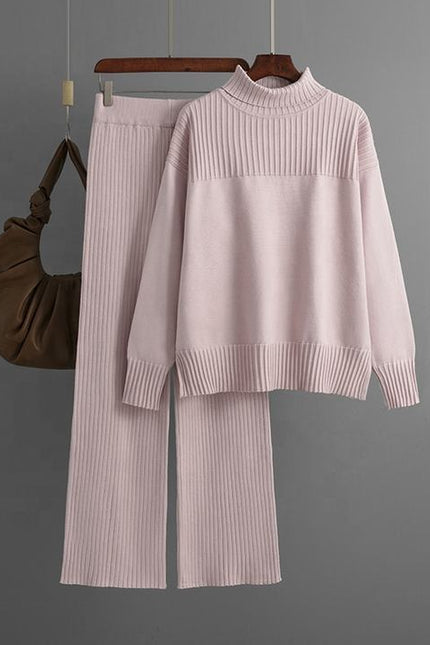 Loose Long Sleeve High Neck Top Wide Leg Pants Ladies Clothing Two Piece Knit Sweater Set