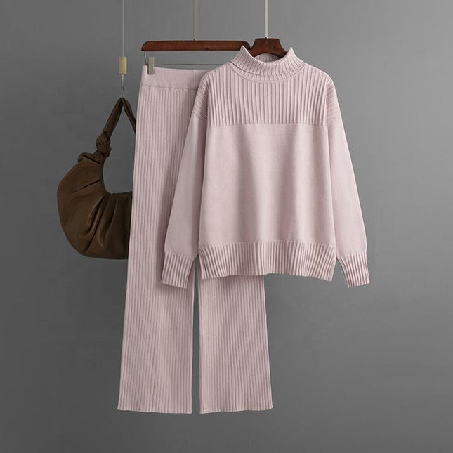 Loose Long Sleeve High Neck Top Wide Leg Pants Ladies Clothing Two Piece Knit Sweater Set