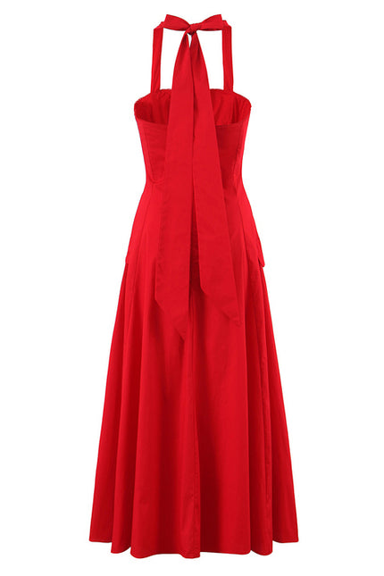 3 Colorway Back Hollow Out Red Color Sleeveless Casual Fashion Summer Long Halter Dress for Women