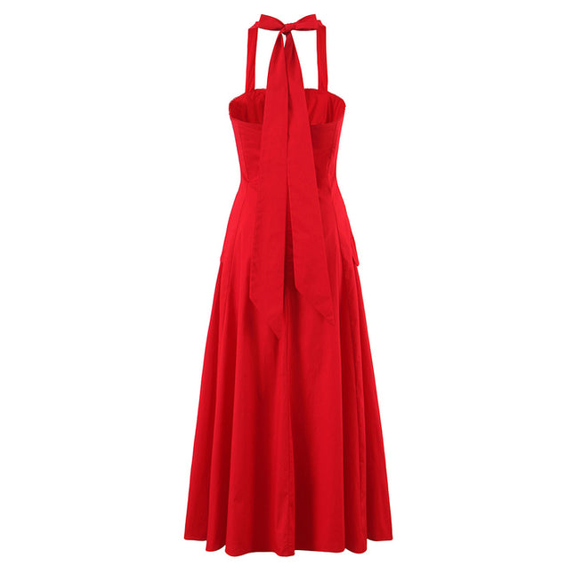 3 Colorway Back Hollow Out Red Color Sleeveless Casual Fashion Summer Long Halter Dress for Women