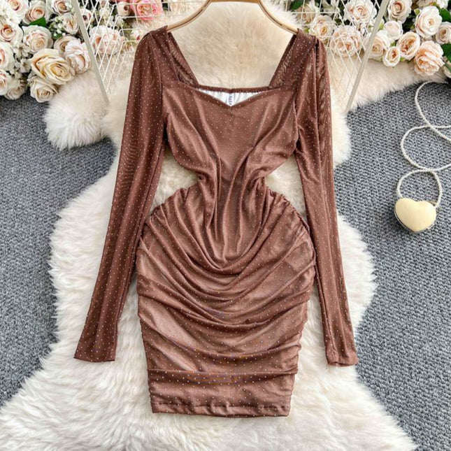 Francês Floral Praça Pescoço Vestido de Manga Longa Mulheres Verão Plissado Bainha Vestidos