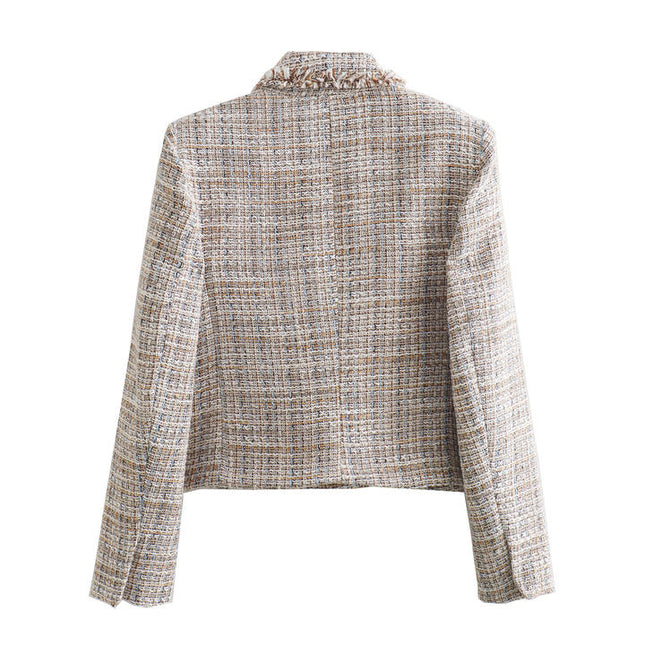 3 Colorway Notched Collar Long Sleeve Double Breasted Casual Fashion Tweed Jacket blazer for Women