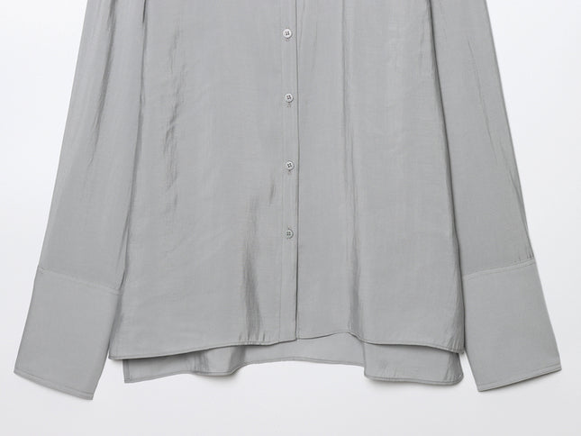 Crew Neck Buttons up Long Sleeve Gray Color Casual Fashion Tops Blouse for Women