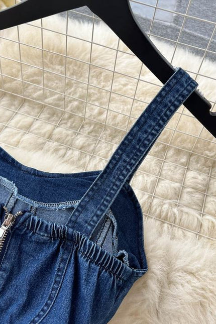 Retro Spice Style Halter Top Denim Jumpsuit Women's Summer Waist Slim-Fit Wide-Leg Pants