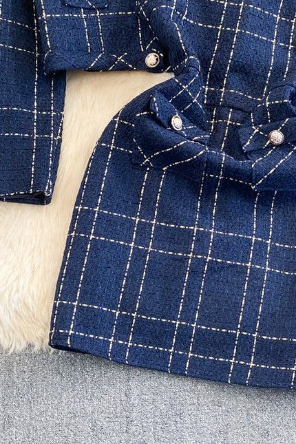 Autumn and Winter Temperament Long Sleeved Tweed Jacket With Waistband Vest and Buttocks Wrapped Dress Two Piece Set