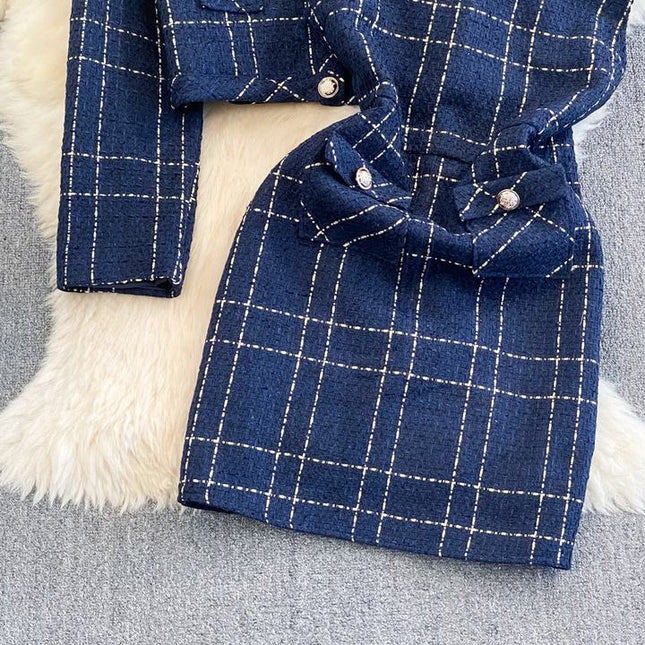 Autumn and Winter Temperament Long Sleeved Tweed Jacket With Waistband Vest and Buttocks Wrapped Dress Two Piece Set