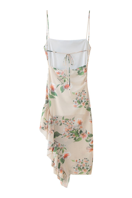 Asymmetrical Design Floral Print Spaghetti Strap Hot Sale Casual Fashion Summer Mini Dress for Women