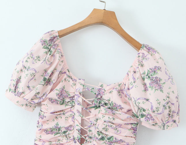 Square Collar pink Color Floral Print Short Sleeve Casual Fashion Summer Long Dress for Women