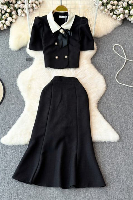 2024 New French Style Lapel Top and High Waisted Fishtail Skirt Two-piece Set Retro Light Luxury Hepburn Style Suit for Women