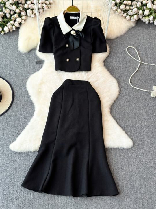 2024 New French Style Lapel Top and High Waisted Fishtail Skirt Two-piece Set Retro Light Luxury Hepburn Style Suit for Women