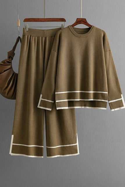 Women's Knitting Two-piece Suit Round Neck Long-sleeved Split Top+long-pants Sweater Two-piece Sets
